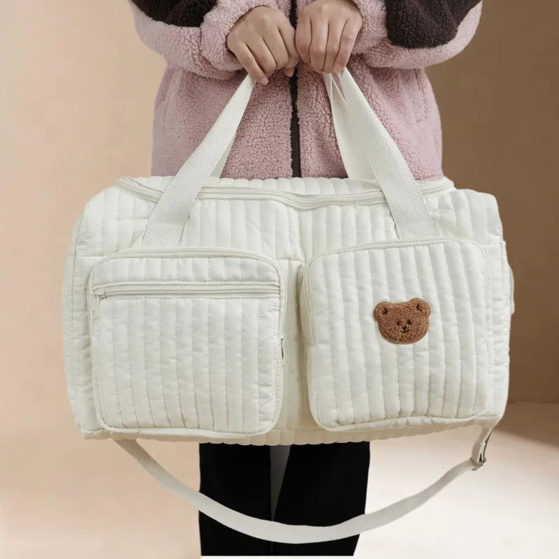 Sac à langer brodé en coton beige – Motif Ours et Fleurs
