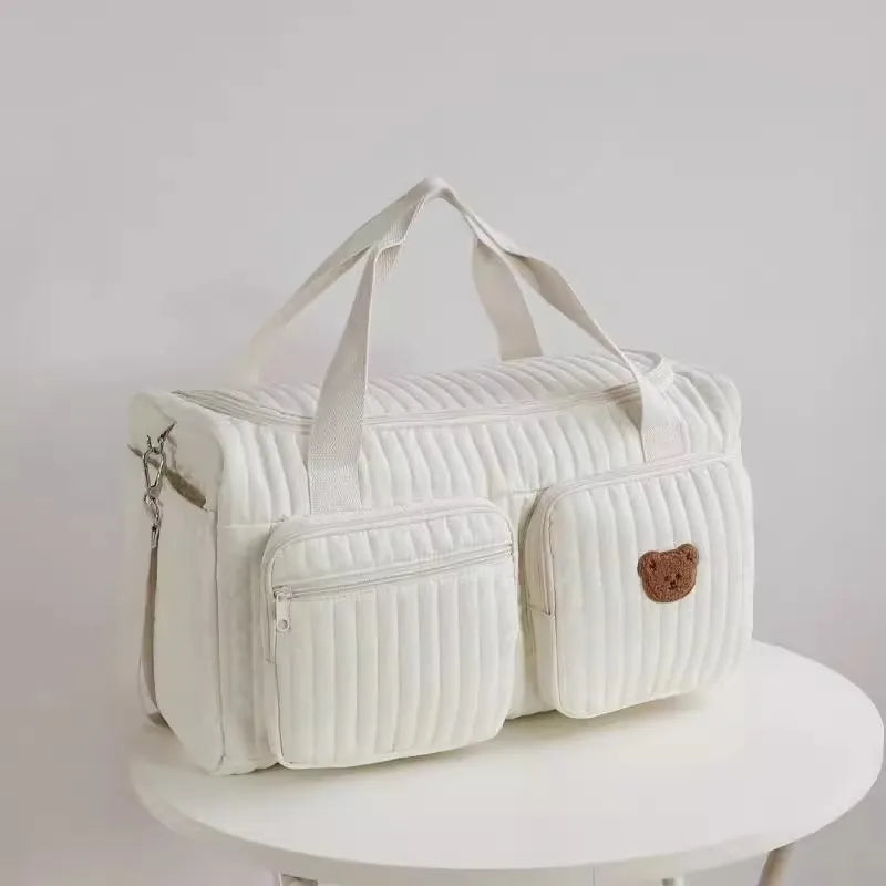Sac à langer brodé en coton beige – Motif Ours et Fleurs